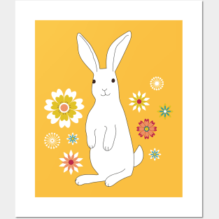 Sunshine Rabbit with flowers - Easter Bunny - white, yellow and teal - by Cecca Designs Posters and Art